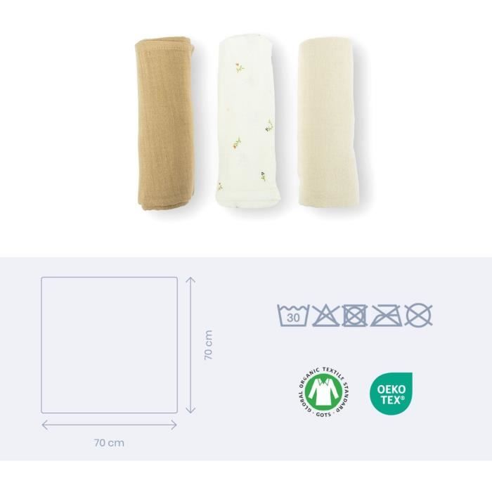 Pack of 3 swaddles - DOOMOO - Organic cotton gauze - Oeko-Tex certified - Beige