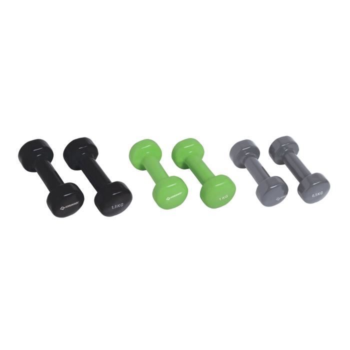 Dumbbell set - SCHILDKROT - 2 x 0.5kg anthracite - 2 x 1.0kg lime green - 2 x 1.5kg black - cast iron + vinyl - Suitcase with handle