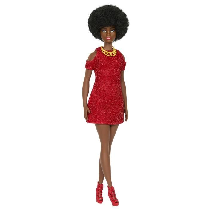 Barbie-Fashionistas 221-Doll with black hair and red dress HRH18
