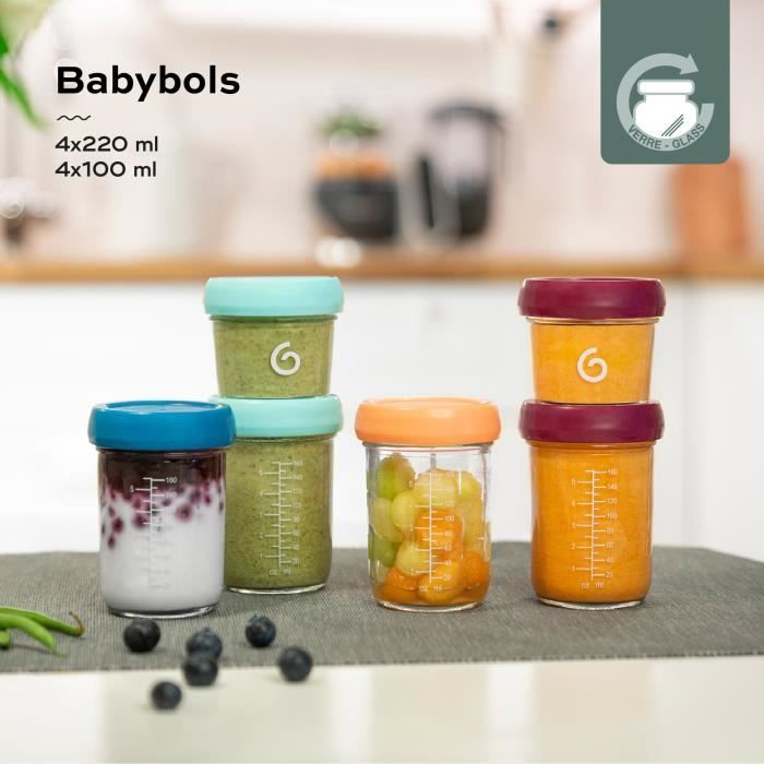Babymoov Babybols - 8 Glass Storage Jars 120 & 240 ml - Airtight - Organic Recipe Booklet included