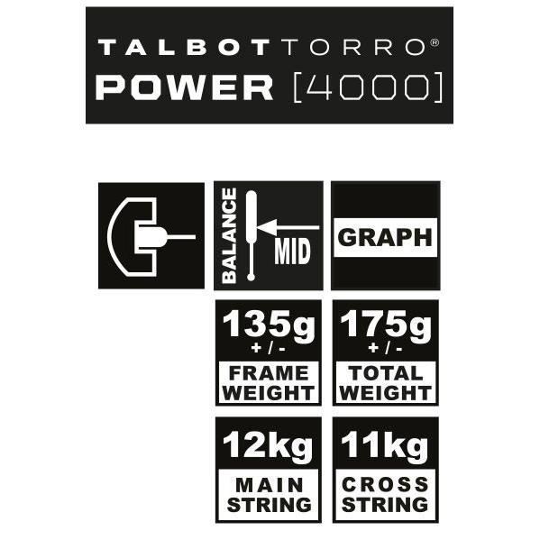 Squash racket - TALBOT TORRO - POWER 4000 - U-shaped profile - US 500 string - 480cm² head - 18.2mm/135g frame - 175g