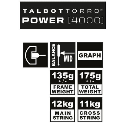Squash racket - TALBOT TORRO - POWER 4000 - U-shaped profile - US 500 string - 480cm² head - 18.2mm/135g frame - 175g