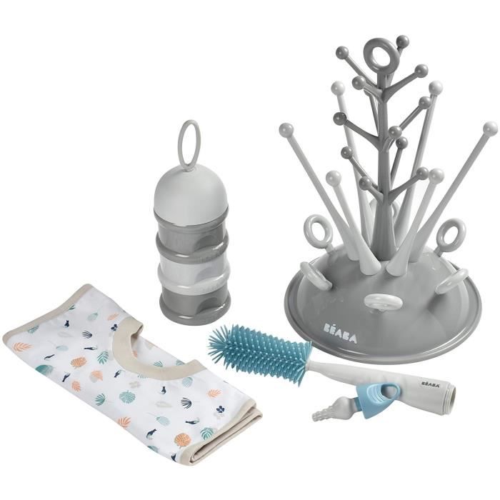 BEABA Birth set (Gray tree bottle drip / Light / dark mist dosing box / Silicone bottle brush / Tropical fabric bib)