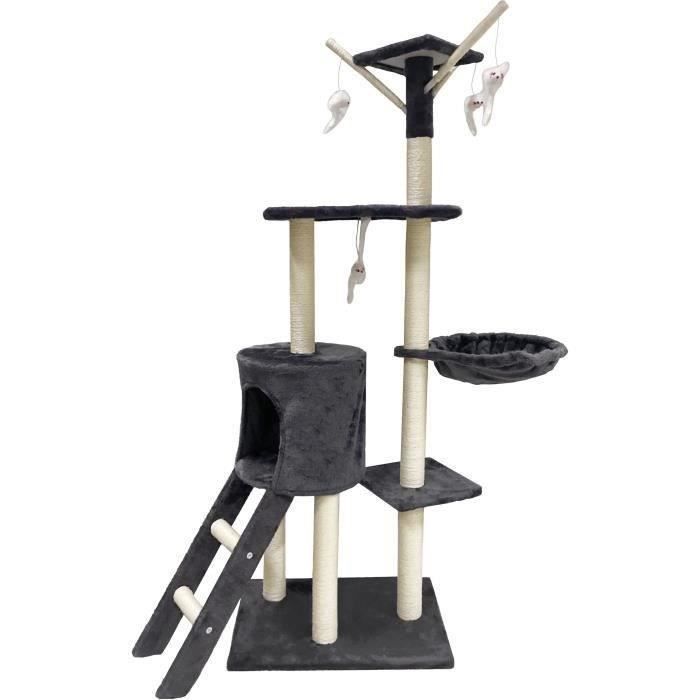 JIPSY Dark Grey Cat Tree 79 x 34 x 138 cm - 3 Platforms, 1 Perch, 1 Niche, 1 Staircase, Scratching Posts