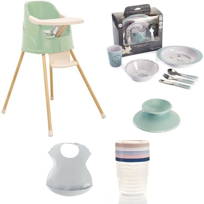 Evolutionary high chair in chair booster + dishwashing box + conservation boxes + semi-rigid bib