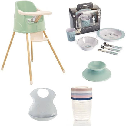 Evolutionary high chair in chair booster + dishwashing box + conservation boxes + semi-rigid bib