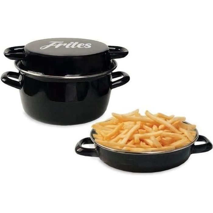 26 cm black enamel fryer with basket and glass lid