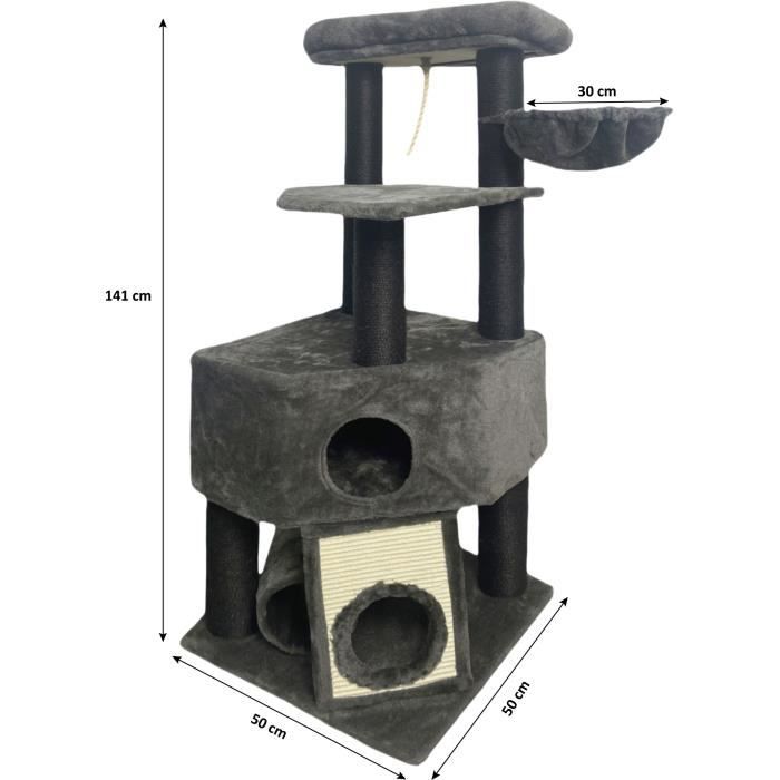 GUILY Dark gray cat tree - 50 x 50 x 141 cm - Dark gray - 2 platforms, 1 perch, 1 cabin, 1 ramp, 1 tunnel