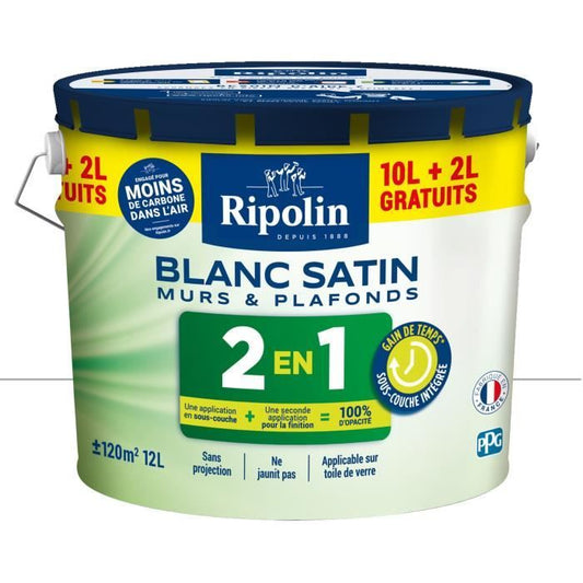 2 in 1 Wall and Ceiling Paint Satin White Ripolin 10L + 2L free