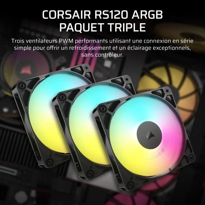 Pack of 3 120mm ARGB fans - CORSAIR - RS120 - Exceptional cooling and dynamic lighting effects