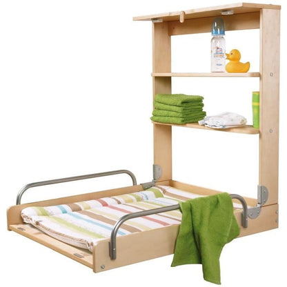 Wall-mounted folding changing table - ROBA - DSCHUNGELBABY - Multi-coloured striped mattress included - 2 integrated shelves - Natural wood