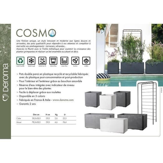 Cube Flower Pot - DEROMA - Cosmo - Pearl - With water reserve - Wheels - 38 cm
