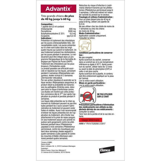 ADVANTIX 4 antiparasitic pipettes - For very large dog from 40 to 60 kg - 4 x 6 ml