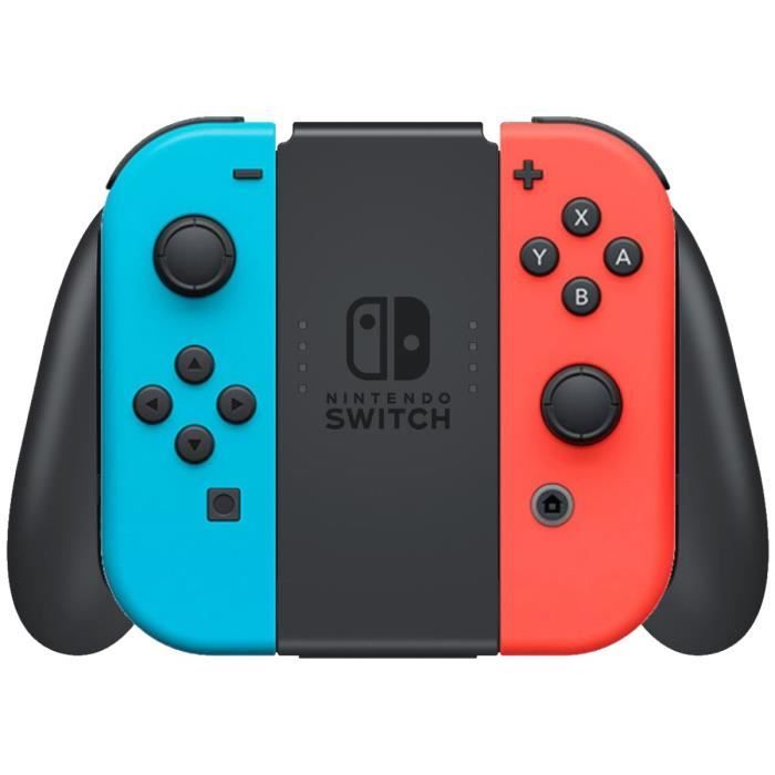 Nintendo Switch console with a neon red joy-con and a neon blue joy-con