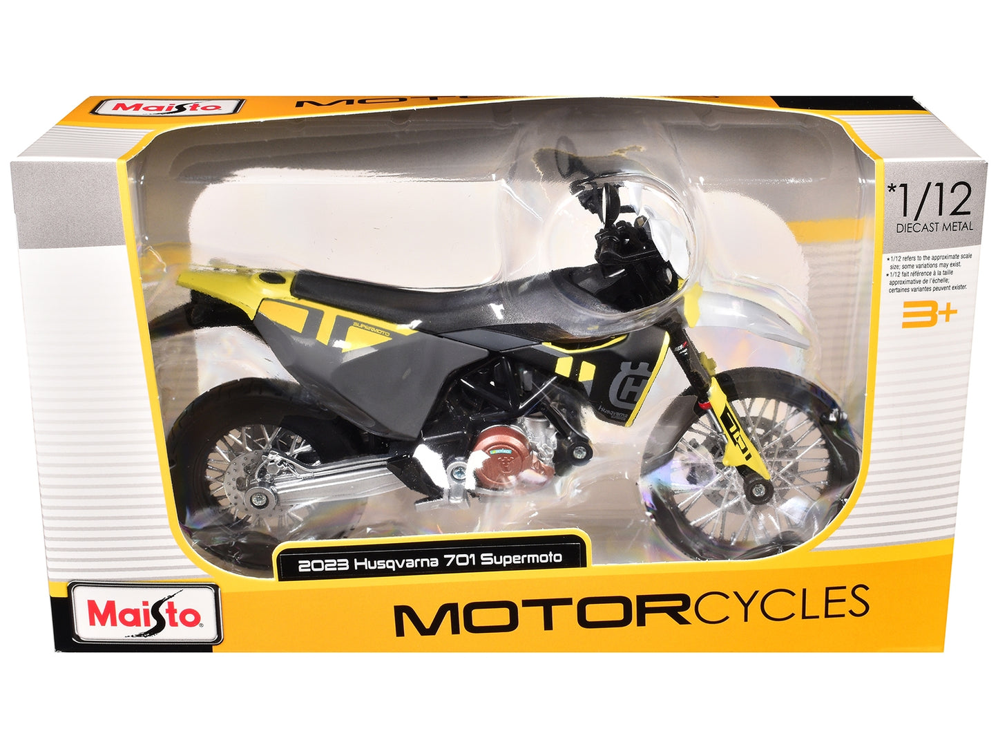 2023 Husqvarna 701 Supermoto Motorcycle Matt Black and Gray with Yellow and White Accents 1/12 Diecast Motorcycle Model by Maisto
