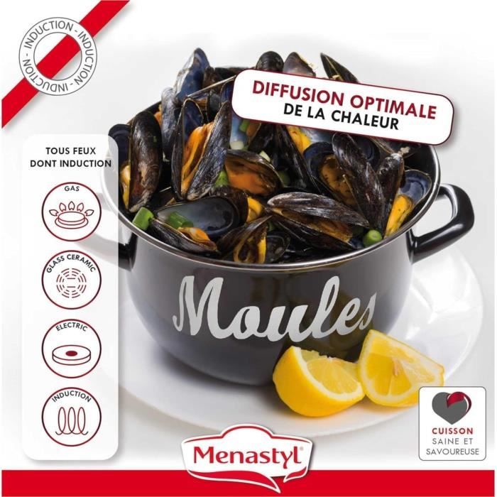Mussel pot - MENASTYL - 3645564 - Enamelled steel - Black - 24 cm - With writing - All hobs including induction