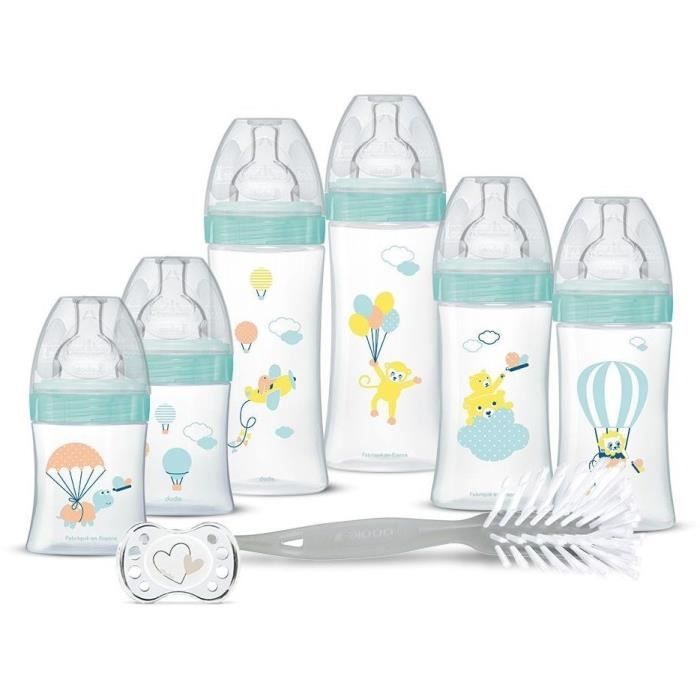 Dodie Birth Kit - 6 Anti-Colic Bottles, Flat Teats, 1 Anatomical Pacifier 0-2 Months, 1 Bottle Brush - BPA Free - Pink