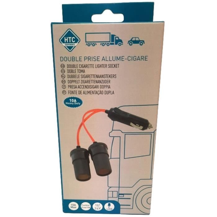 Double cigarette lighter socket 12/24V - HTC EQUIPEMENT - With 10A LED and 20cm red cable