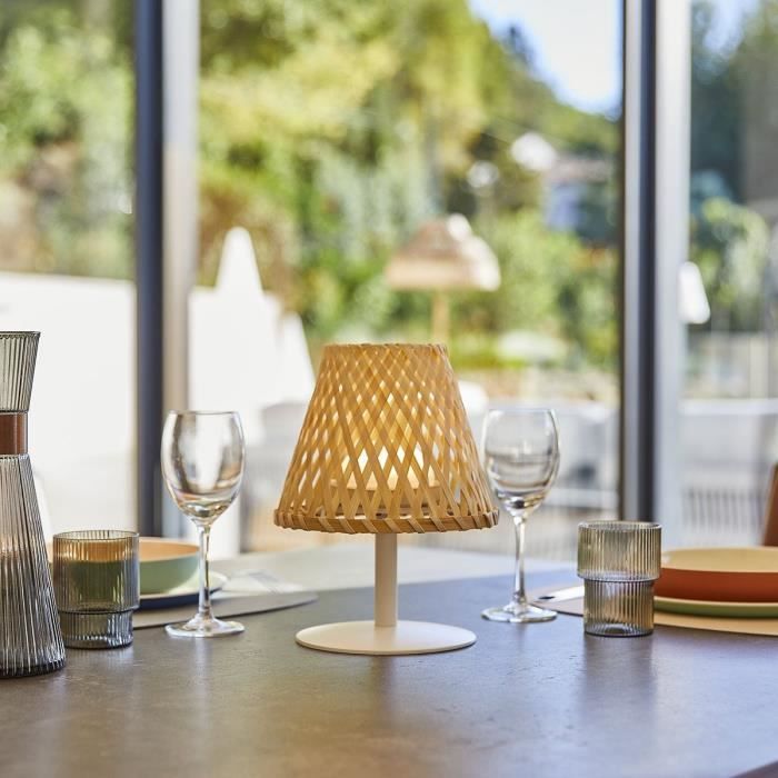 Cordless table lamp - LUMISKY - IBIZA - H26 cm - Natural bamboo - Warm white and white LED