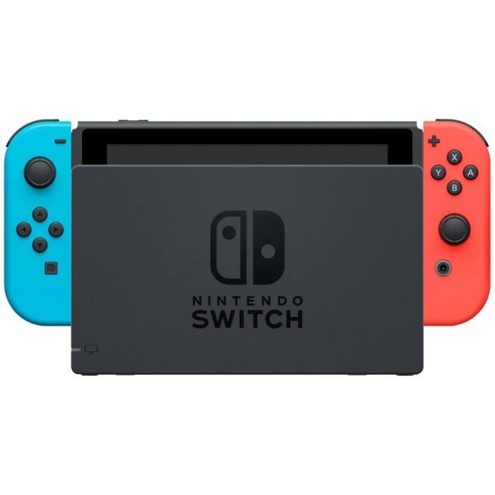 Nintendo Switch console with a neon red joy-con and a neon blue joy-con