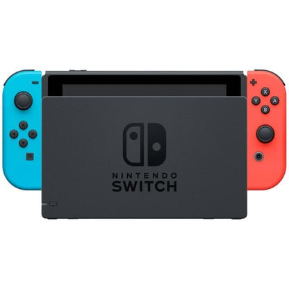 Nintendo Switch console with a neon red joy-con and a neon blue joy-con
