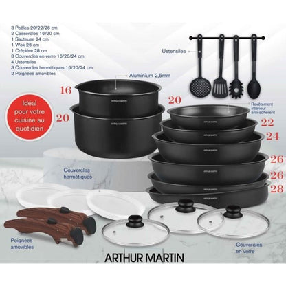 Cookware - All heat sources including induction - Arthur Martin - AM0530 - Aluminum - Non-stick - 20 pieces - Removable handle