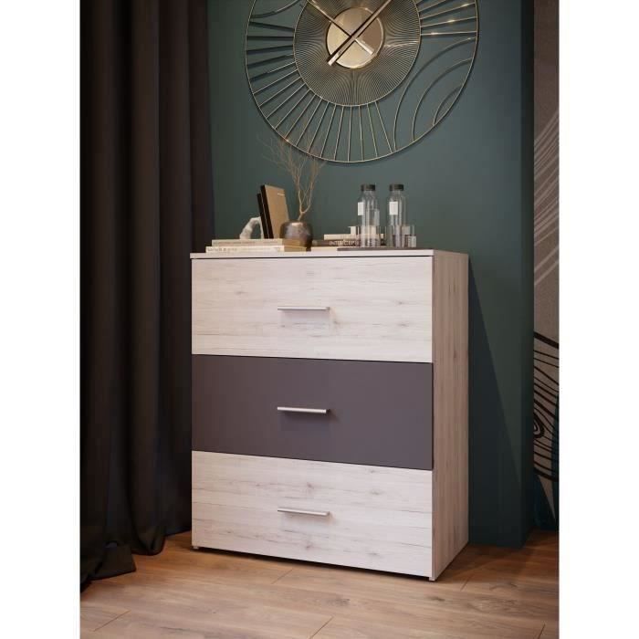 Chest of drawers - ADRIA - 3 drawers - Ash oak / Plain grey - 75.2 x 41.3 x 89.7 cm