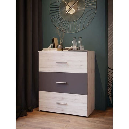 Chest of drawers - ADRIA - 3 drawers - Ash oak / Plain grey - 75.2 x 41.3 x 89.7 cm