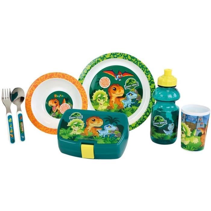 JURASSIC WORLD - Children's tableware set with glass, soup plate, plate, cutlery, water bottle and snack box