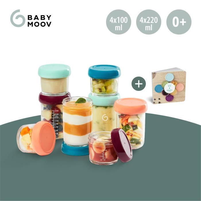 Babymoov Babybols - 8 Glass Storage Jars 120 & 240 ml - Airtight - Organic Recipe Booklet included