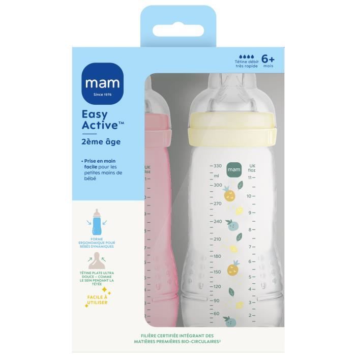 Set of 2 Bottles - MAM BABY - Easy Active - +6 months - 330 ml - X flow teat - Berry + Pearl
