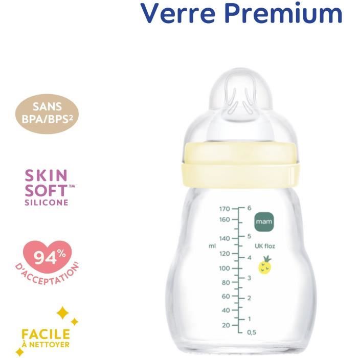 MAM Glass Bottle - 170ml - 0 to 6 months - Teat Flow 1 - White