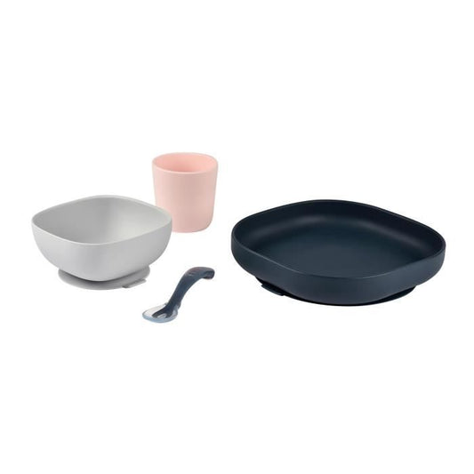 BEABA, Baby Silicone Meal Box, With Suction Cup, Anti-slip, 4 Pieces, Plate + Bowl + Glass + Spoon, Night Blue