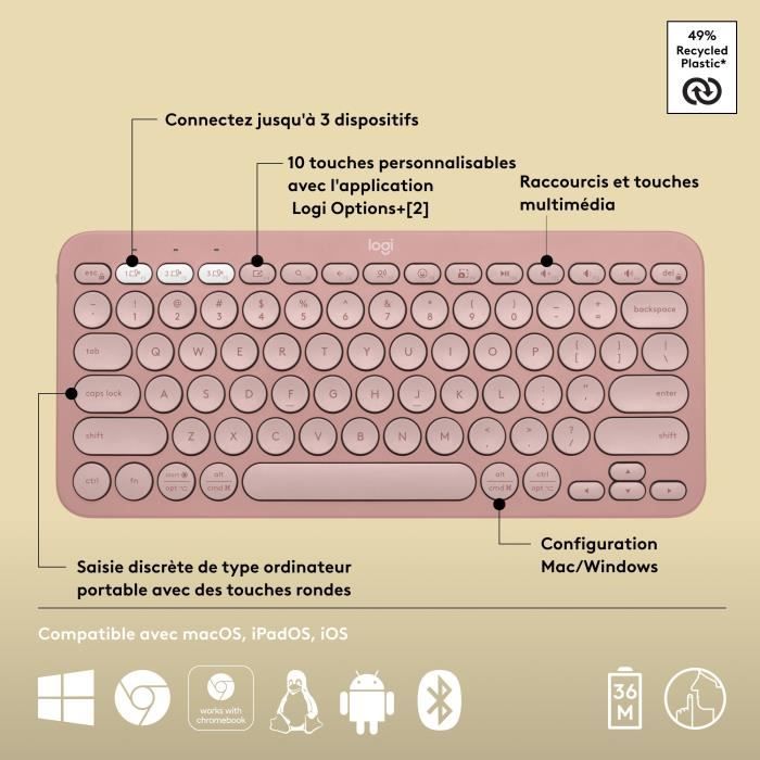 LOGITECH - Wireless keyboard - Pebble Keys 2 K380s - Bluetooth - Easy-Switch button - Pink - (920-011805)