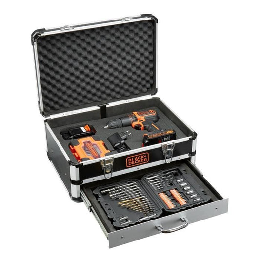 BLACK & DECKER - Percussion Drill - Li Ion Battery 2x18 V + 80 Accessories in Box - Black and Orange