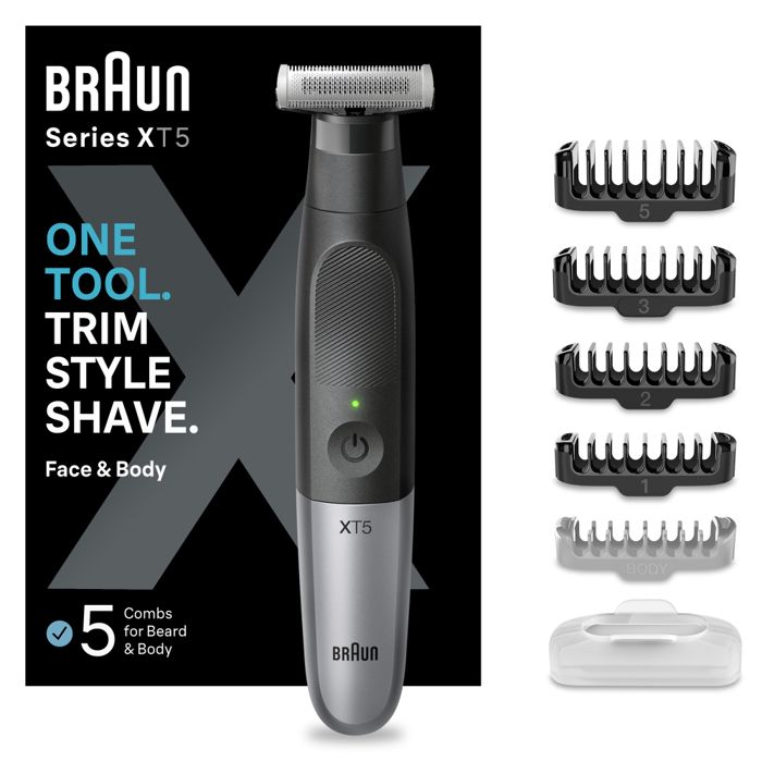 Braun Series X Hybrid Trimmer XT5100 For Face and Body with 4D Flexible Blade, Waterproof, 5 Combs