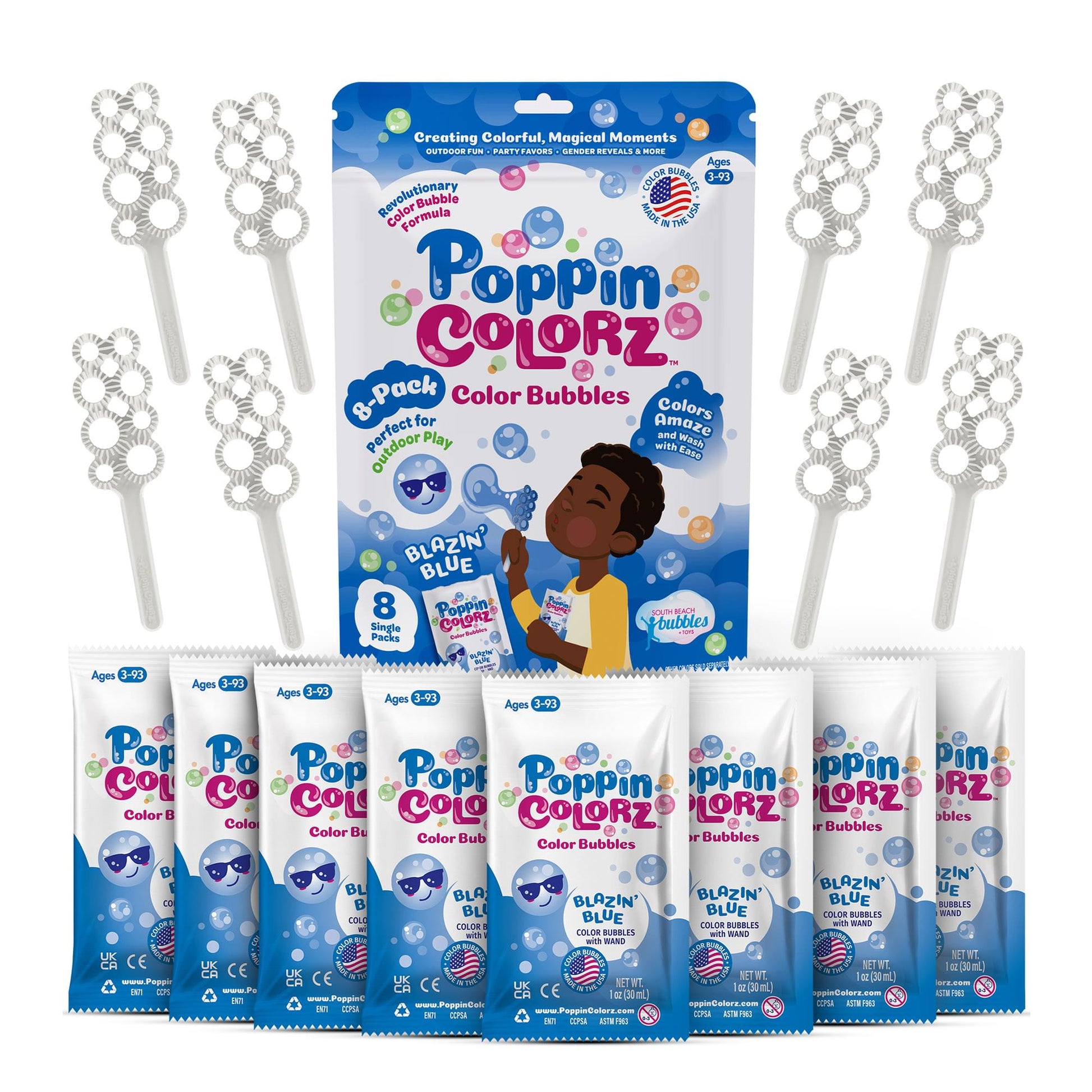 PoppinColorz 8-Piece Bubble Solution and Wands Party Pack | Blazin' Blue