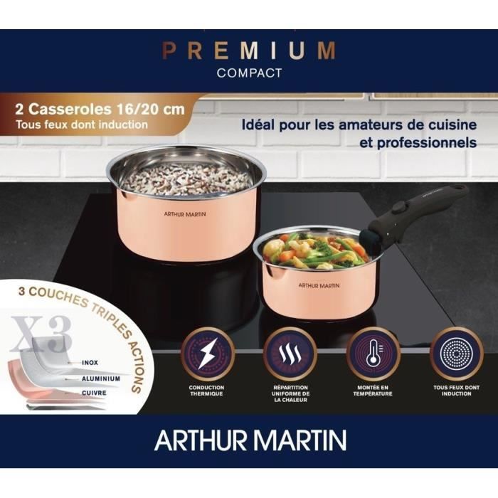 2 saucepans 16-20 cm + 1 handle - ARTHUR MARTIN - AM720GT - 3 layers triple action - All hobs including induction