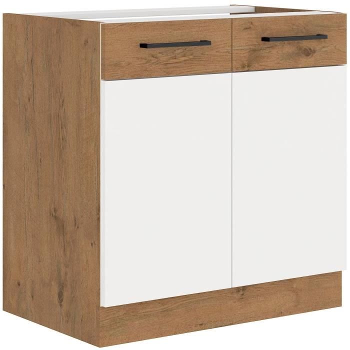 ROCK - Low cabinet - Lancelot oak and white melamine decor - 80 cm - 2 hinged doors - Worktop not included