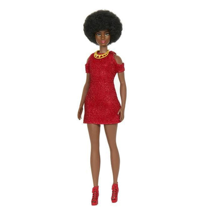 Barbie-Fashionistas 221-Doll with black hair and red dress HRH18