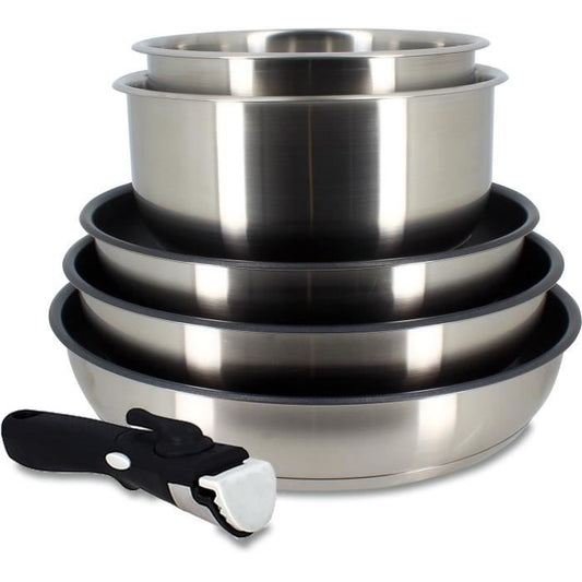Cookware set - Induction - MENASTYL - 7930018 - Stainless steel - 6 pieces - Removable handle - Grey