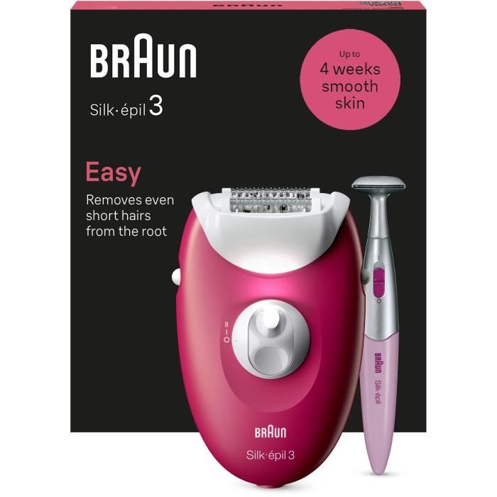 Corded electric epilator - BRAUN - Silk-épil 3 - Smooth skin for weeks - 3-202 - Raspberry