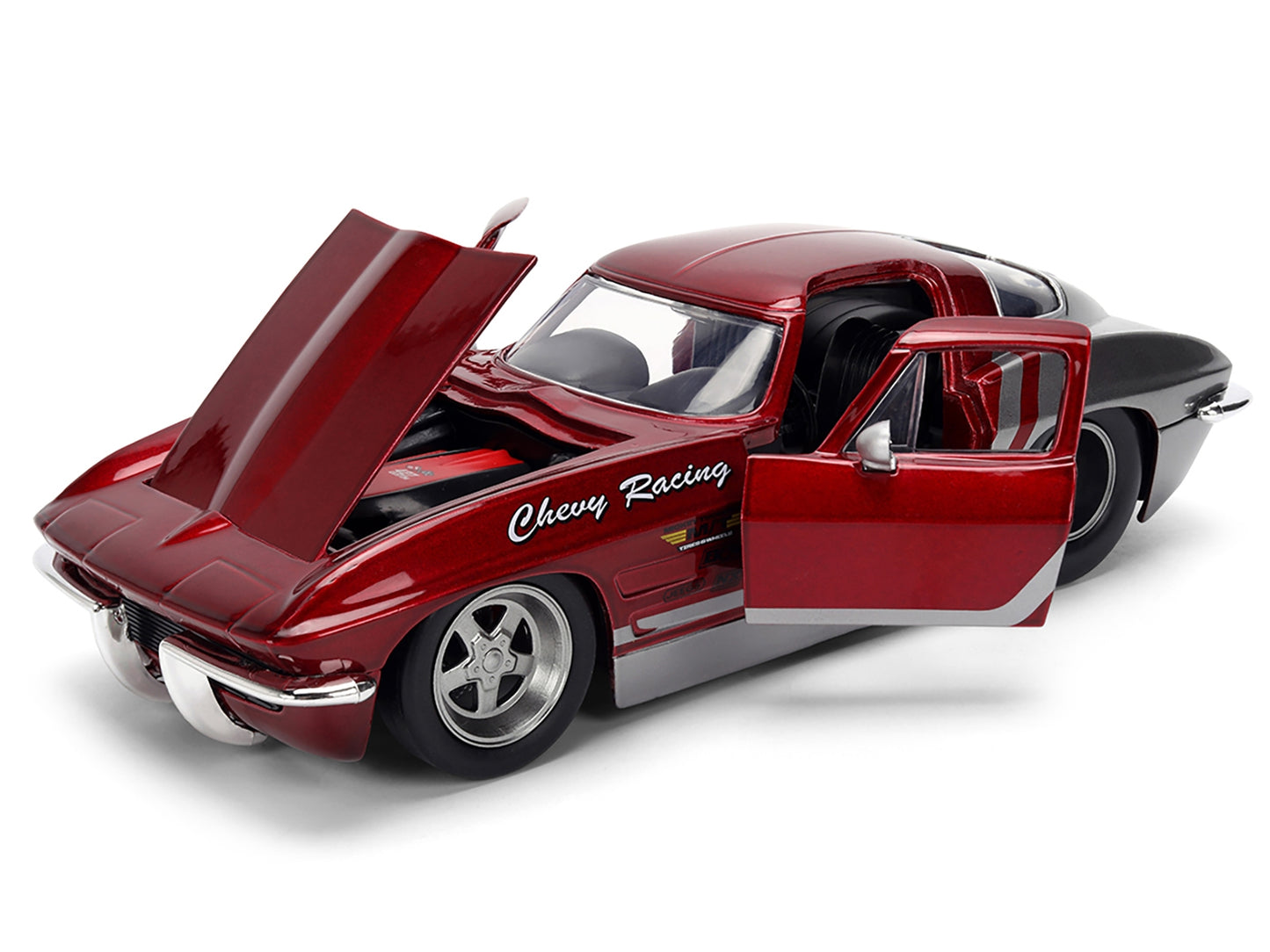1963 Chevrolet Corvette Stingray "Chevy Racing" Red Metallic and Gray "Bigtime Muscle" Series 1/24 Diecast Model Car by Jada