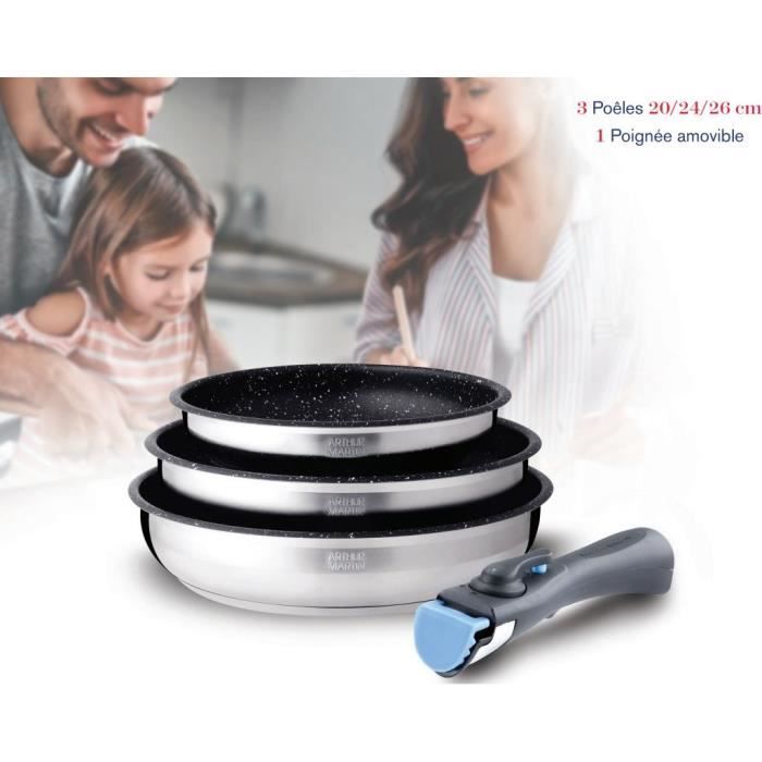 Set of 3 frying pans - Arthur Martin - AM2196 - 20-24-26 cm - Stainless steel - Removable handle - All hobs including induction