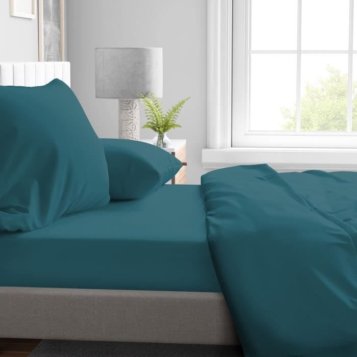 Fitted sheet - HOME LINGE PASSION - HP72120 - 82 g Microfiber - 90 x 190 cm - 30 cm pocket - Duck blue