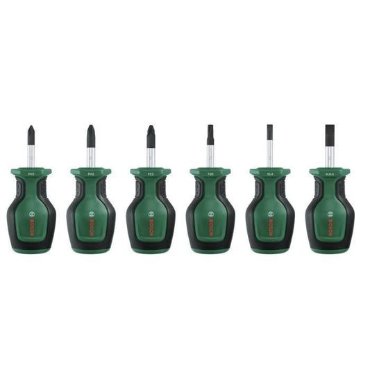 Bosch Set of 6 short screwdrivers (for tight spaces PH/PZ/TX/Flat S2 steel high torque magnetic tip)