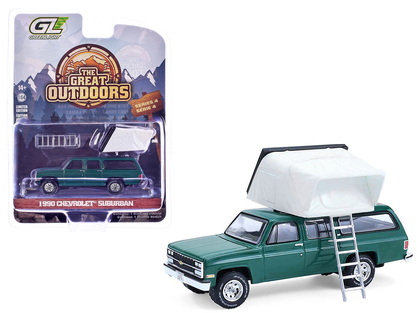 1990 Chevrolet Suburban Green with Modern Rooftop Camper "The Great Outdoors" Series 4 1/64 Diecast Model Car by Greenlight