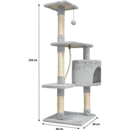 PALOMA Grey cat tree 40 x 40 x 114cm - 3 platforms, 1 rope, 1 niche, scratching posts