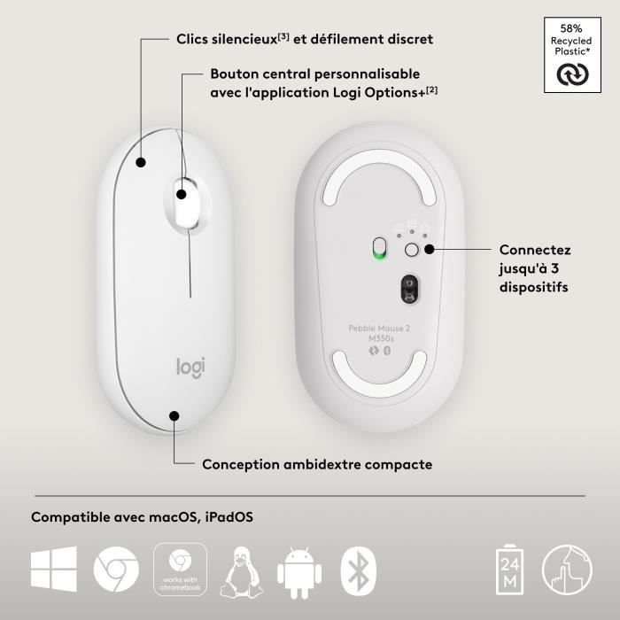 LOGITECH - Wireless mouse - Pebble Mouse 2 M350s - White - (910-007013)