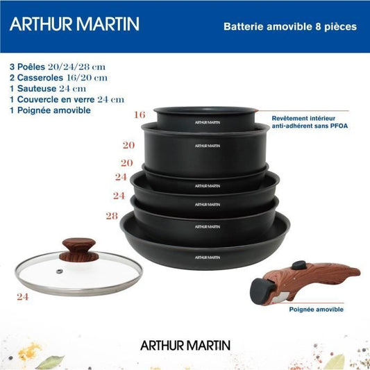 8 -room kitchen battery Arthur Martin - aluminum - wooden handle - All lights including induction
